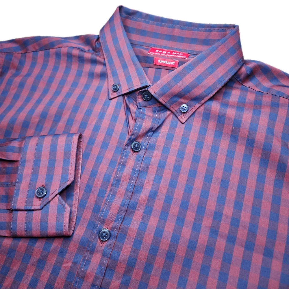 Zara Man Mens Large Super Slimfit Red &‎ Blue Plaid Button Up Dress Shirt